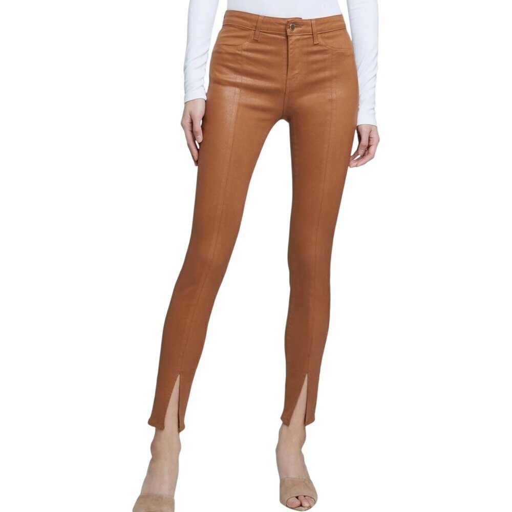 Agolde “Jyothi” Coated Cognac, High Waist, Split Ankle Skinny Jeans, Size 24 Tan